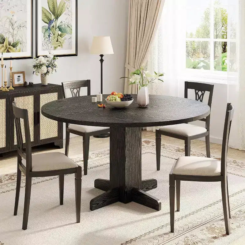 47 Round Dining Table for 4-6, Farmhouse Wood Kitchen Table with Sturdy Pedestal Base, Circle Dinner Table for Dining Room or Apartment
