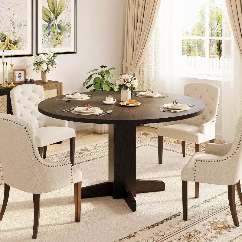 47 Round Dining Table for 4-6, Farmhouse Wood Kitchen Table with Sturdy Pedestal Base, Circle Dinner Table for Dining Room or Apartment