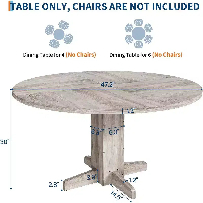 47 Round Dining Table for 4-6, Farmhouse Wood Kitchen Table with Sturdy Pedestal Base, Circle Dinner Table for Dining Room or Apartment