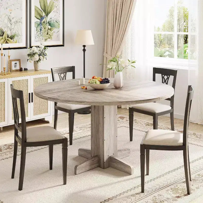 47 Round Dining Table for 4-6, Farmhouse Wood Kitchen Table with Sturdy Pedestal Base, Circle Dinner Table for Dining Room or Apartment