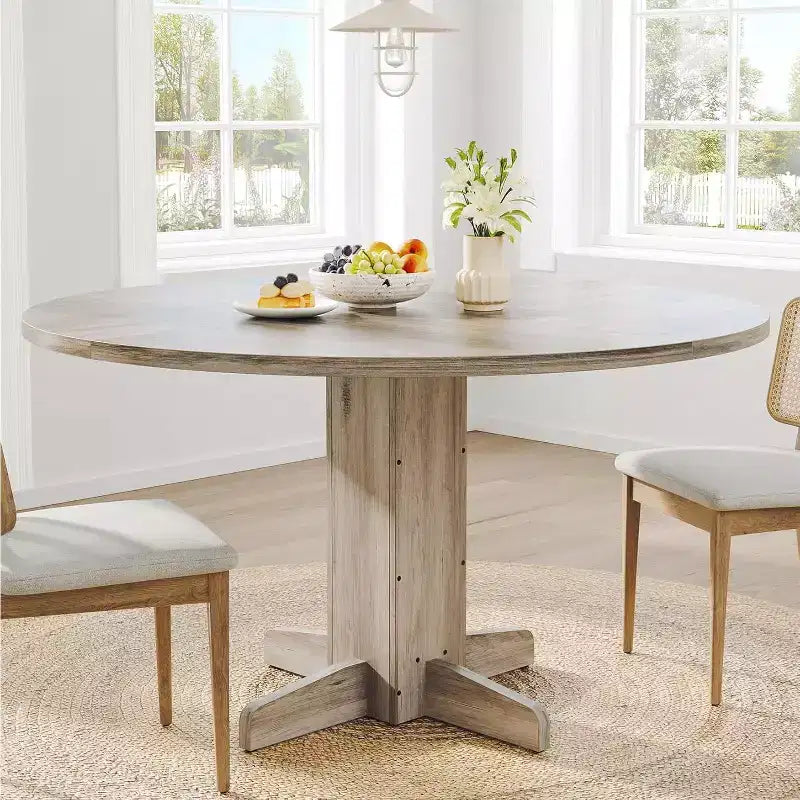 47 Round Dining Table for 4-6, Farmhouse Wood Kitchen Table with Sturdy Pedestal Base, Circle Dinner Table for Dining Room or Apartment