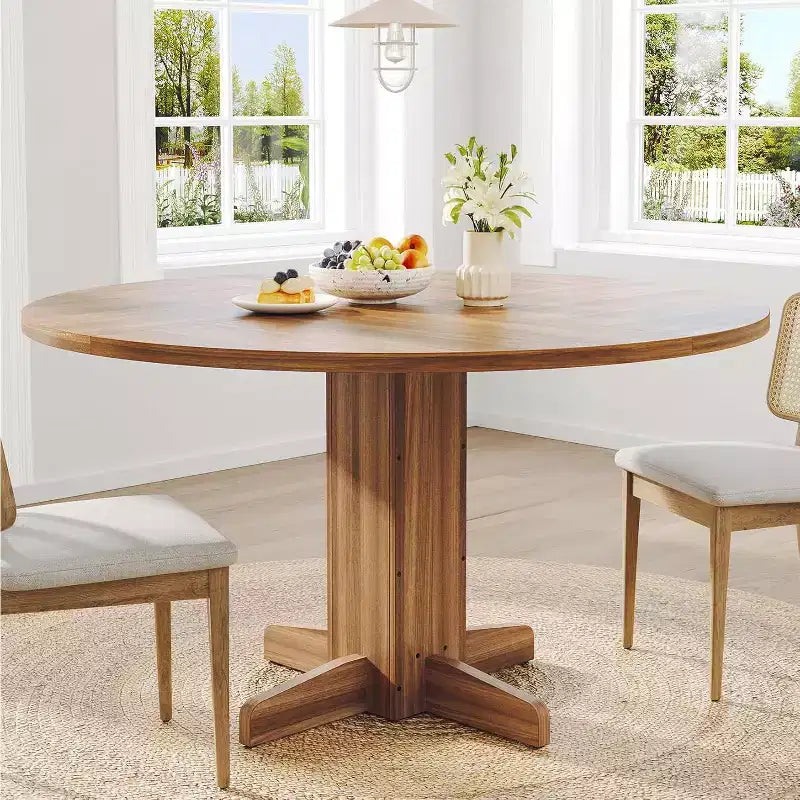 47 Round Dining Table for 4-6, Farmhouse Wood Kitchen Table with Sturdy Pedestal Base, Circle Dinner Table for Dining Room or Apartment