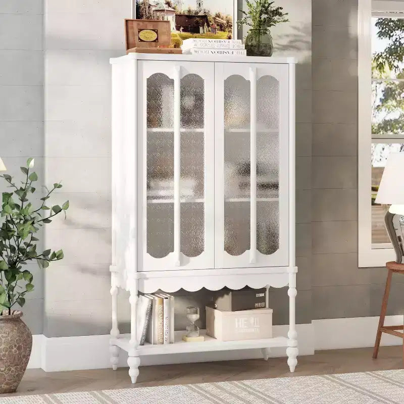 Double Frosted Glass Display Cabinet Bookcase Open Bottom Shelf Scalloped Edge Accent Home Office Books & Decor Storage Cabinet Organizer