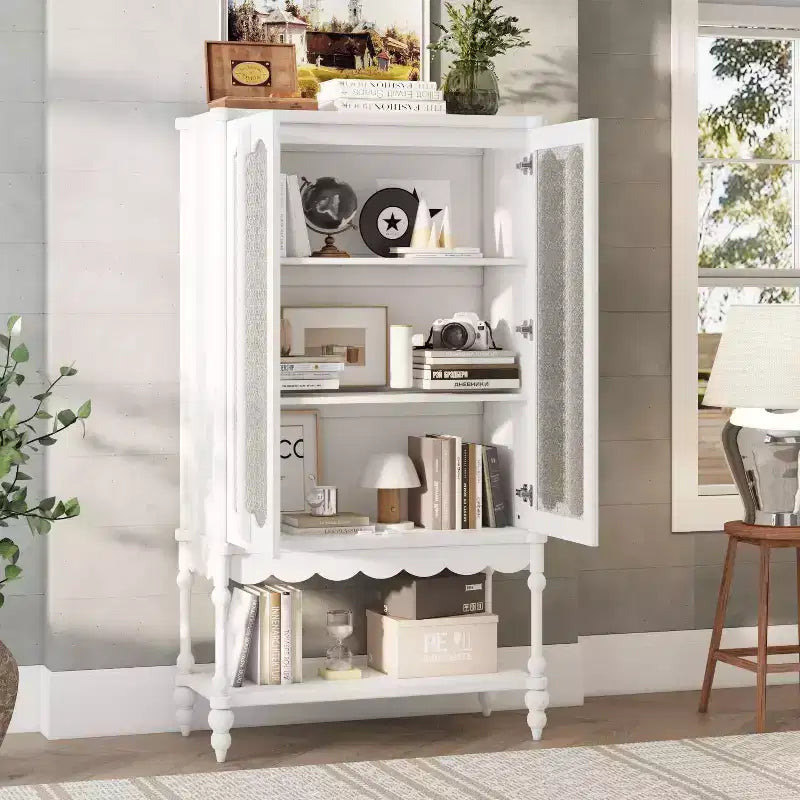 Double Frosted Glass Display Cabinet Bookcase Open Bottom Shelf Scalloped Edge Accent Home Office Books & Decor Storage Cabinet Organizer