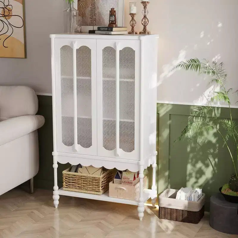 Double Frosted Glass Display Cabinet Bookcase Open Bottom Shelf Scalloped Edge Accent Home Office Books & Decor Storage Cabinet Organizer