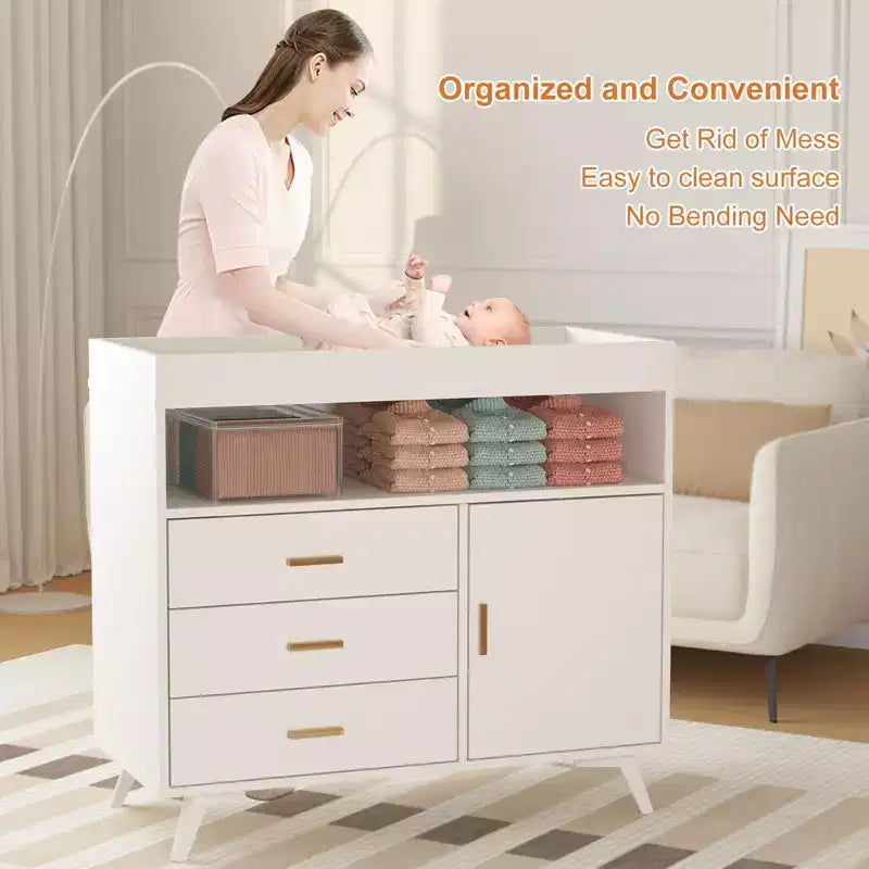 Nursery Dresser & Baby Changing Table - Wooden 3-Drawer Storage with Built-in Shelves and Top-Mounted Changing Station