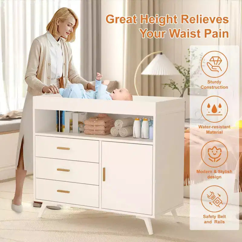Nursery Dresser & Baby Changing Table - Wooden 3-Drawer Storage with Built-in Shelves and Top-Mounted Changing Station