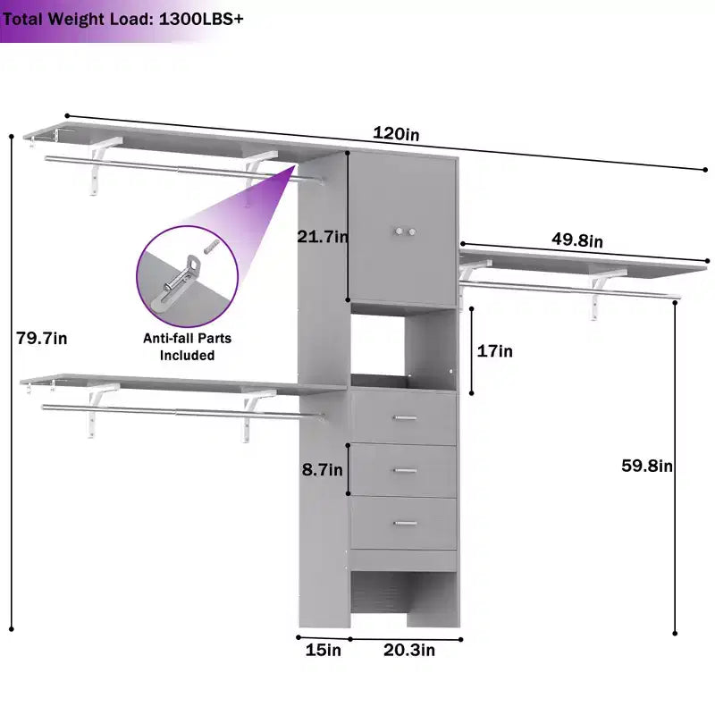 20-120 W Wooden Closet System with Doors and Drawers