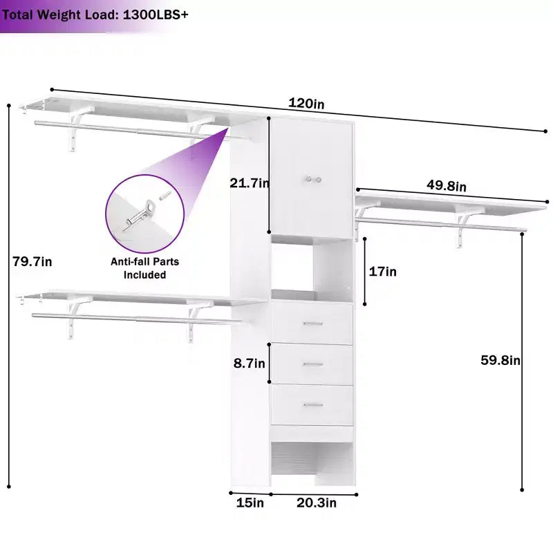 20-120 W Wooden Closet System with Doors and Drawers