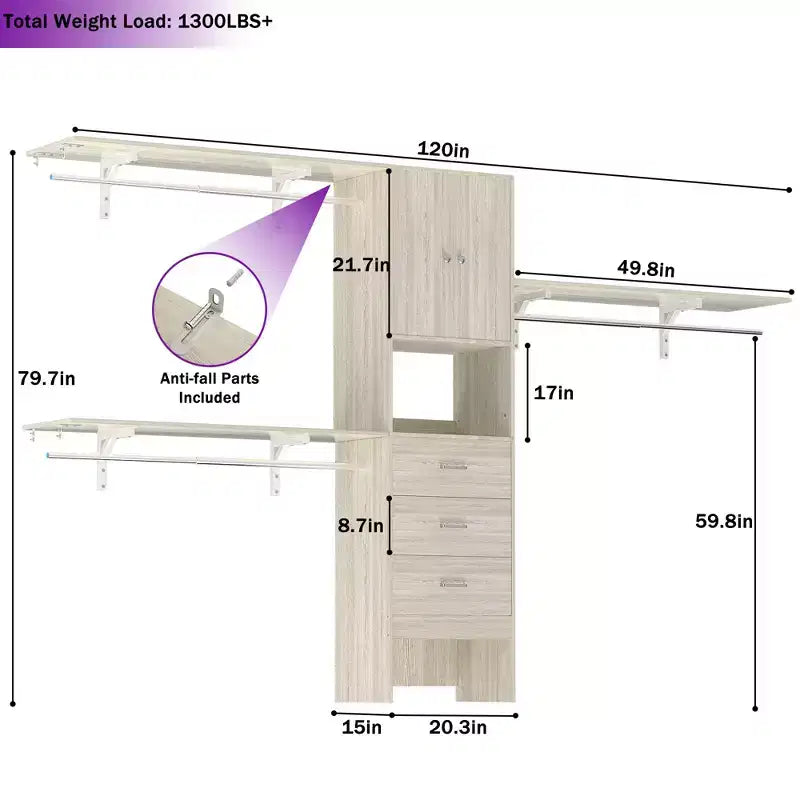 20-120 W Wooden Closet System with Doors and Drawers