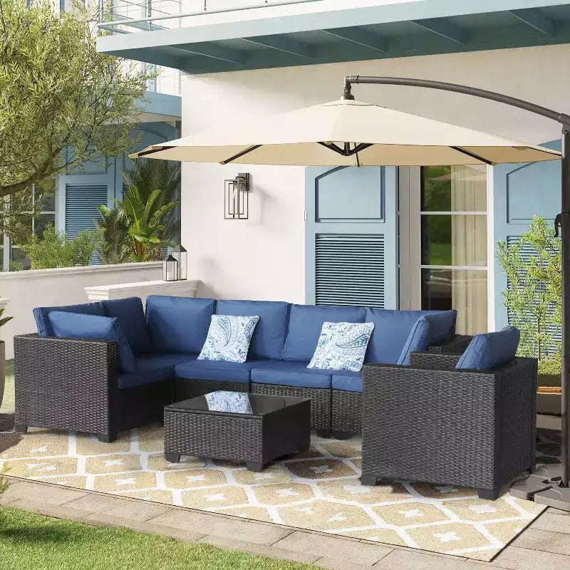 7-Piece Outdoor Furniture Set - Terrace Furniture Set - Guest Room Set - Balcony Furniture - Outdoor Combination Furniture Suitable Black+Blue