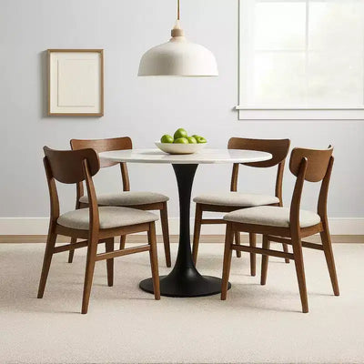 Royal Hampton Dining Table | 30 Inch Round White Genuine Marble Top | Black Metal Tulip Pedestal Base
