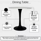 30 Inch Round White Genuine Marble Top Dining Table | Black Metal Tulip Pedestal Base