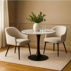 30 Inch Round White Genuine Marble Top Dining Table | Black Metal Tulip Pedestal Base
