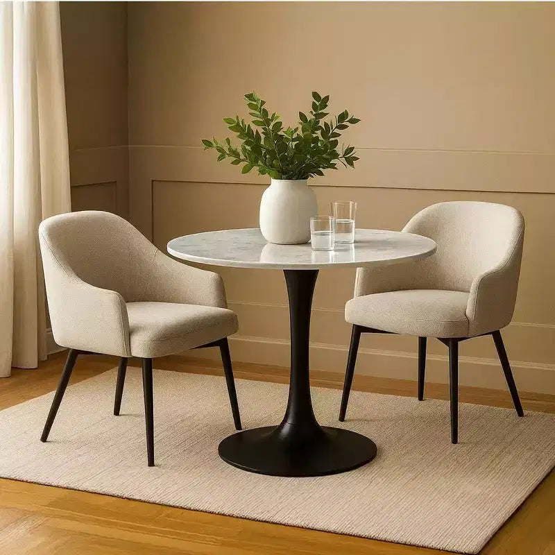 30 Inch Round White Genuine Marble Top Dining Table | Black Metal Tulip Pedestal Base