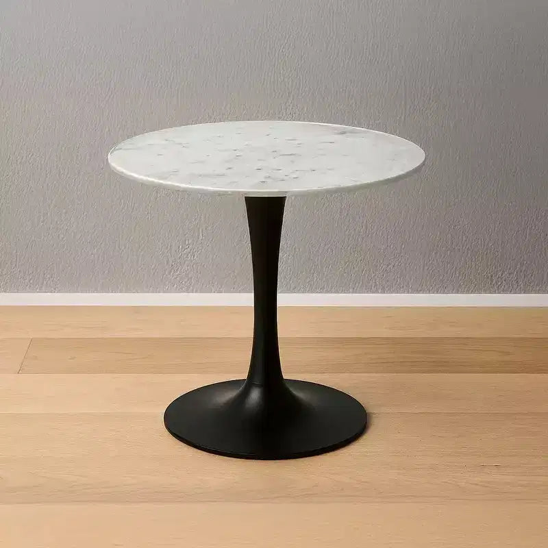 30 Inch Round White Genuine Marble Top Dining Table | Black Metal Tulip Pedestal Base