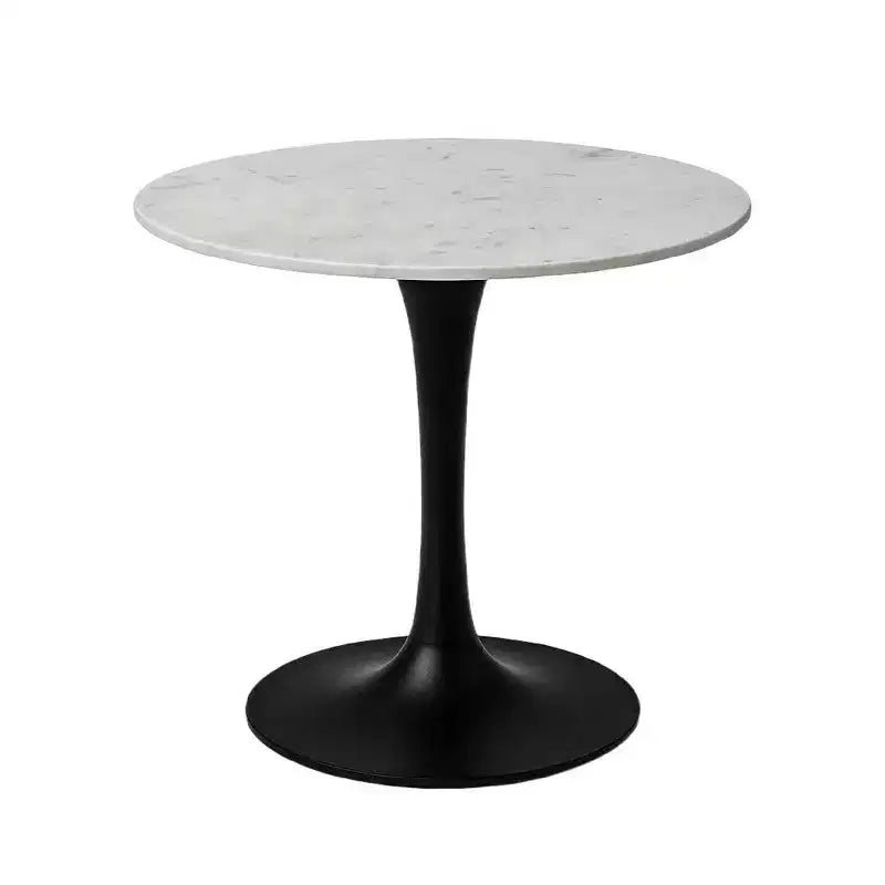 30 Inch Round White Genuine Marble Top Dining Table | Black Metal Tulip Pedestal Base