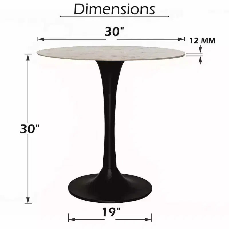 30 Inch Round White Genuine Marble Top Dining Table | Black Metal Tulip Pedestal Base