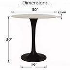 30 Inch Round White Genuine Marble Top Dining Table | Black Metal Tulip Pedestal Base