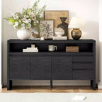 60 Storage Cabinet Buffet Sideboard with 3 Doors, 3 Drawers and Open Shelf, Wood Accent Entryway Console Table Black