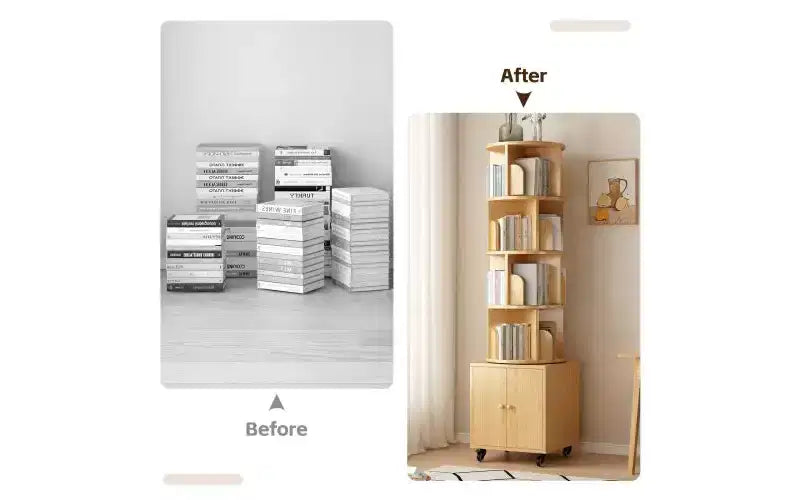 Rotating 5-Tier Corner Bookshelves with Wheels, Vertical Bookshelf, Narrow Storage Racks, Wood Bookcases for Office, Small Space