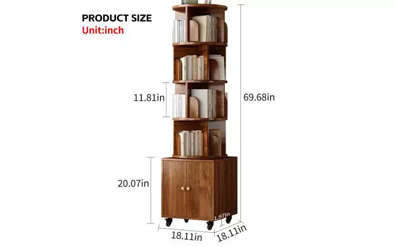 Rotating 5-Tier Corner Bookshelves with Wheels, Vertical Bookshelf, Narrow Storage Racks, Wood Bookcases for Office, Small Space