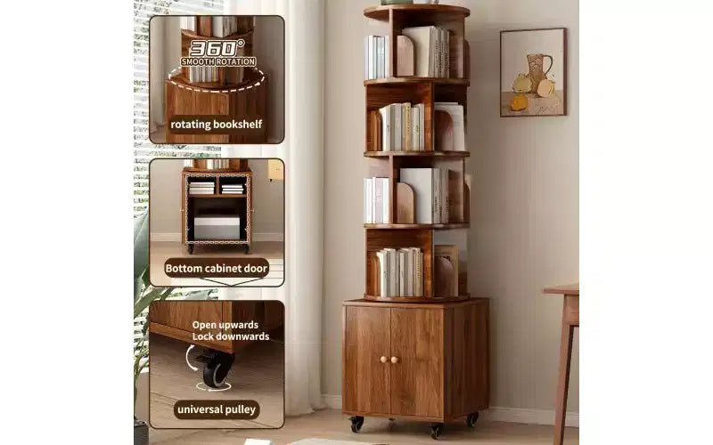 Rotating 5-Tier Corner Bookshelves with Wheels, Vertical Bookshelf, Narrow Storage Racks, Wood Bookcases for Office, Small Space