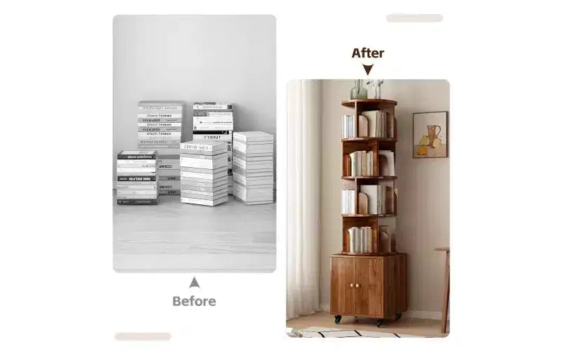 Rotating 5-Tier Corner Bookshelves with Wheels, Vertical Bookshelf, Narrow Storage Racks, Wood Bookcases for Office, Small Space