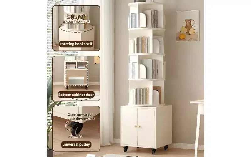 Rotating 5-Tier Corner Bookshelves with Wheels, Vertical Bookshelf, Narrow Storage Racks, Wood Bookcases for Office, Small Space