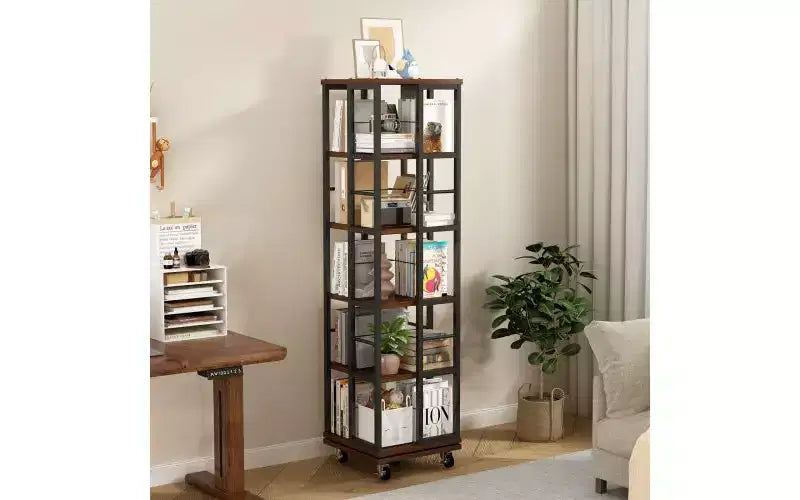 Rotating 5-Tier Corner Bookshelves with Wheels, Vertical Bookshelf, Narrow Storage Racks, Wood Bookcases for Office, Small Space