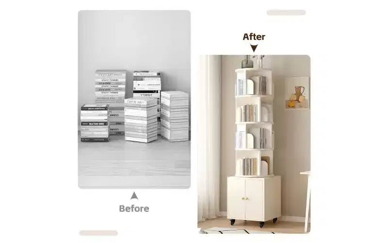 Rotating 5-Tier Corner Bookshelves with Wheels, Vertical Bookshelf, Narrow Storage Racks, Wood Bookcases for Office, Small Space