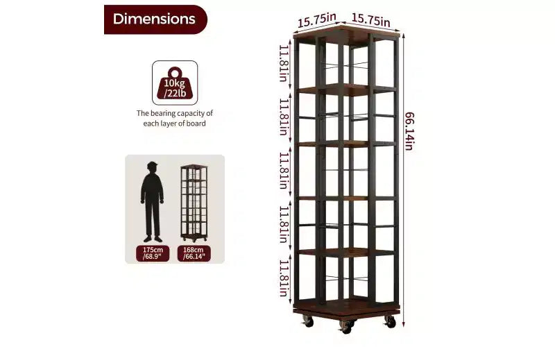 Rotating 5-Tier Corner Bookshelves with Wheels, Vertical Bookshelf, Narrow Storage Racks, Wood Bookcases for Office, Small Space
