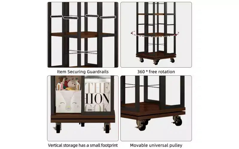 Rotating 5-Tier Corner Bookshelves with Wheels, Vertical Bookshelf, Narrow Storage Racks, Wood Bookcases for Office, Small Space