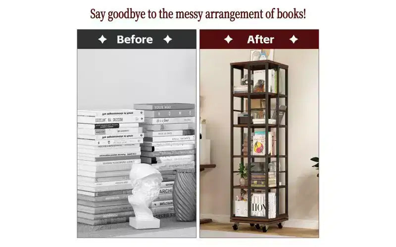 Rotating 5-Tier Corner Bookshelves with Wheels, Vertical Bookshelf, Narrow Storage Racks, Wood Bookcases for Office, Small Space