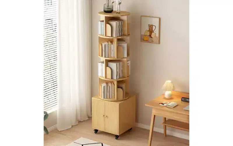 Rotating 5-Tier Corner Bookshelves with Wheels, Vertical Bookshelf, Narrow Storage Racks, Wood Bookcases for Office, Small Space