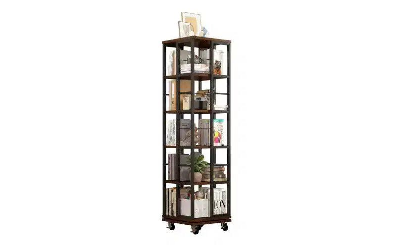 Rotating 5-Tier Corner Bookshelves with Wheels, Vertical Bookshelf, Narrow Storage Racks, Wood Bookcases for Office, Small Space