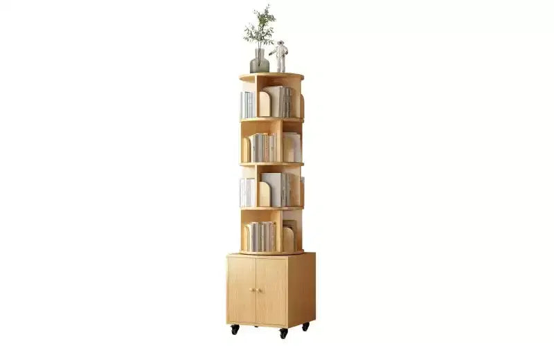 Rotating 5-Tier Corner Bookshelves with Wheels, Vertical Bookshelf, Narrow Storage Racks, Wood Bookcases for Office, Small Space
