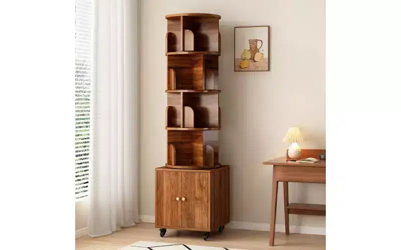 TUYOHW Rotating 5-Tier Corner Bookshelves with Wheels,Vertical Bookshelf,Narrow Storage Racks,Wood Bookcases for Office,Small Space