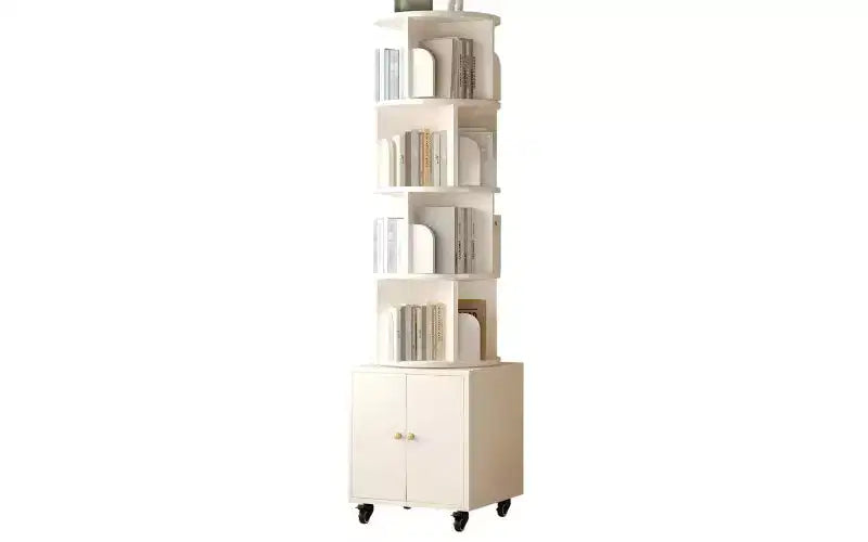 Rotating 5-Tier Corner Bookshelves with Wheels, Vertical Bookshelf, Narrow Storage Racks, Wood Bookcases for Office, Small Space