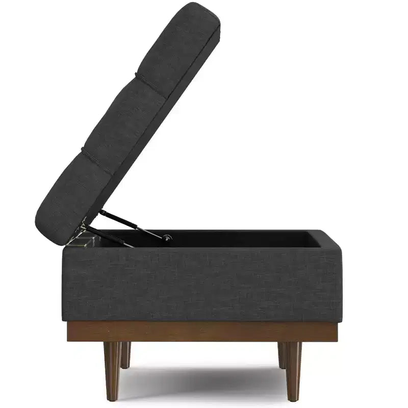 34 inch Wide Contemporary Rectangle Storage Ottoman in Slate Grey Polyester Linen