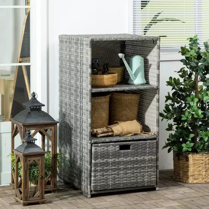 Pool Towel Rack, Waterproof PE Plastic Rattan Wicker Storage Organizer, Indoor Outdoor Spa, and Hot Tub Accessory Storage, 2 Shelves