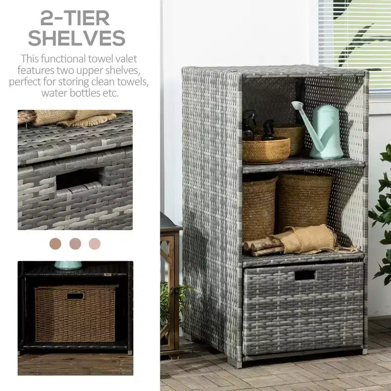 Pool Towel Rack, Waterproof PE Plastic Rattan Wicker Storage Organizer, Indoor Outdoor Spa, and Hot Tub Accessory Storage, 2 Shelves