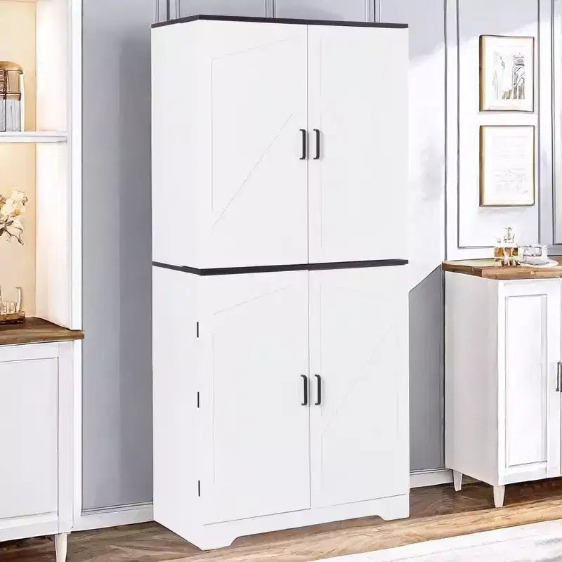 67.7 White Kitchen Pantry Cabinet: Magnetic Lock & Adjustable Shelves