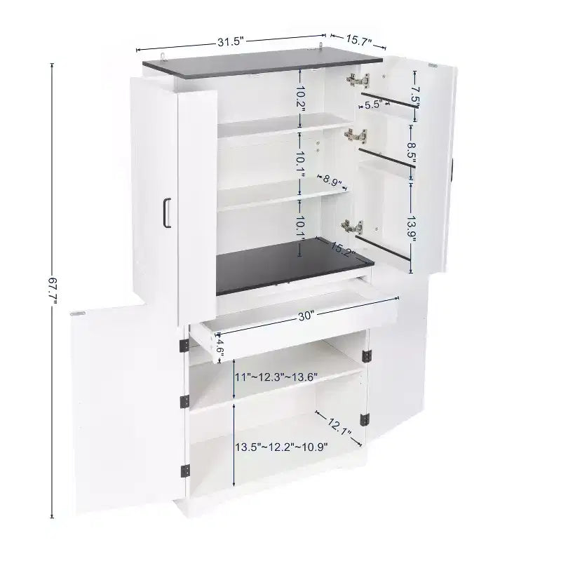 67.7 White Kitchen Pantry Cabinet: Magnetic Lock & Adjustable Shelves