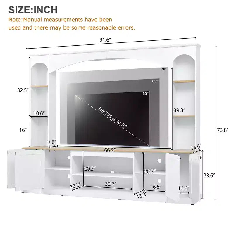 Entertainment Center Wall Unit with Bookshelves for TVs Up to 70, Large TV Stand TV Console Media Console with Adjustable Shelves, White