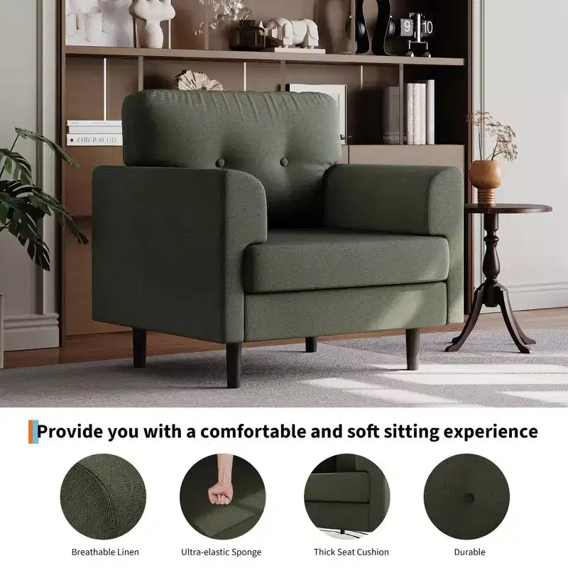 Ergonomic Wide Armrest Accent Chair - 38 Inch Linen Upholstered Reading Chair with High-Density Foam for Ultimate Comfort - Modern Single Seater