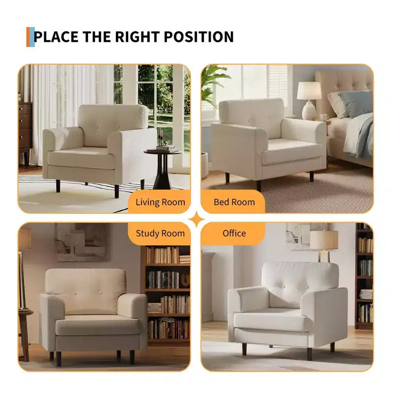 Ergonomic Wide Armrest Accent Chair - 38 Inch Linen Upholstered Reading Chair with High-Density Foam for Ultimate Comfort - Modern Single Seater