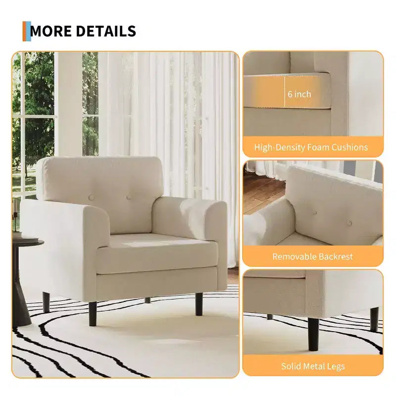 Ergonomic Wide Armrest Accent Chair - 38 Inch Linen Upholstered Reading Chair with High-Density Foam for Ultimate Comfort - Modern Single Seater
