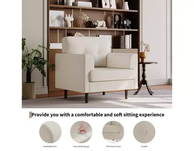 Ergonomic Wide Armrest Accent Chair - 38 Inch Linen Upholstered Reading Chair with High-Density Foam for Ultimate Comfort - Modern Single Seater