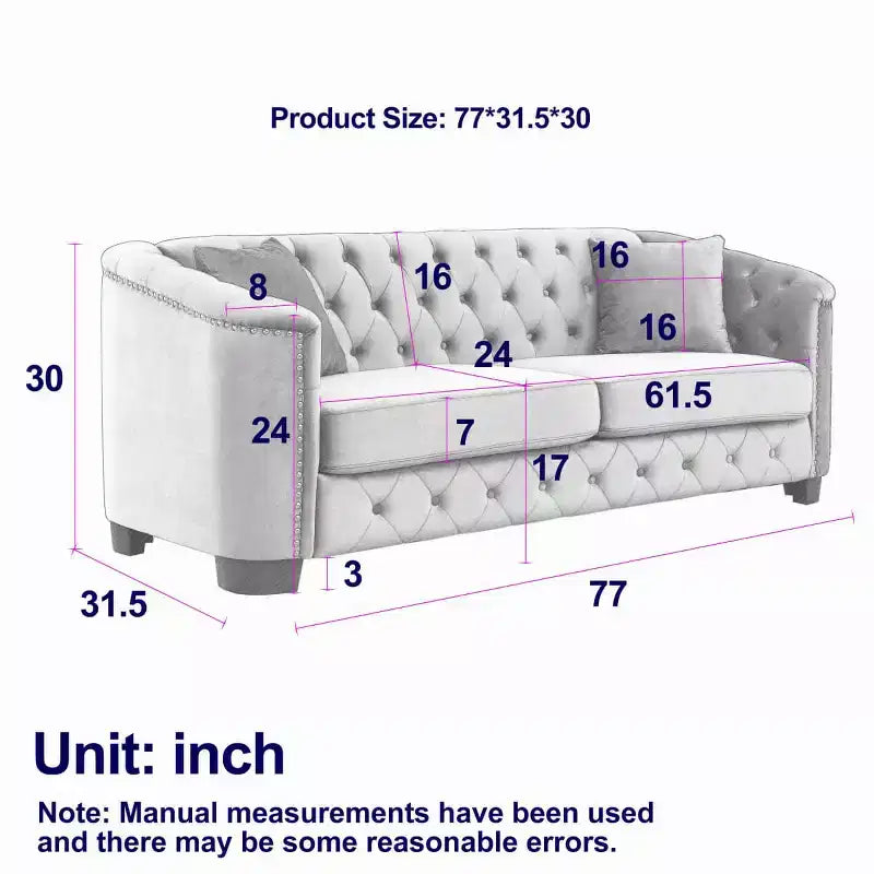 Modern Tufted Loveseat Sofa with Nailhead Trim and Wood Frame, Velvet Chesterfield Sofa for Living Room, Lounge or Apartment